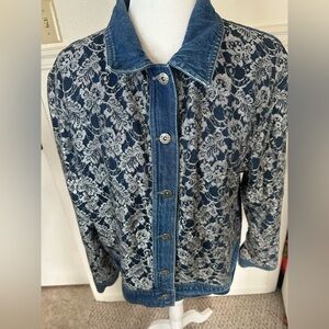 Asazy Vintage 80s 90s Lace Overlay Oversized Button Down Denim Jacket size L